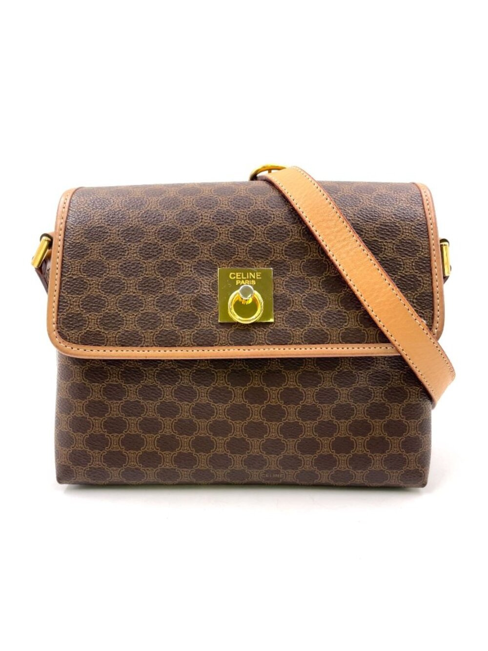 Celine Macadam Gancini Leather Brown Shoulder Bag Gold